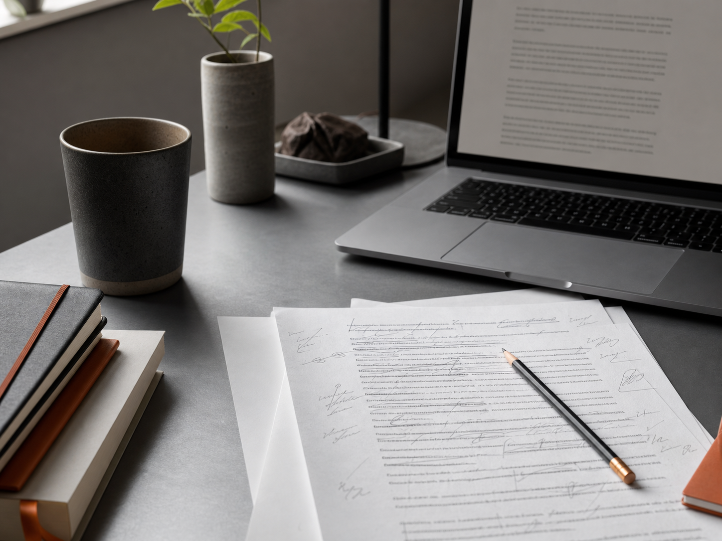 A laptop, edited pages, and a pencil on a quiet writing desk